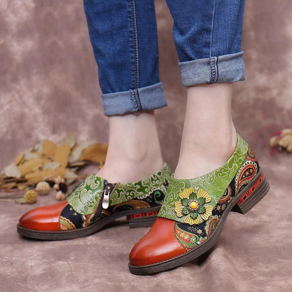 Retro Leder Paisley Splicing Floral Geprägte Bequeme Flache Schuhe Aus Echtem Leder