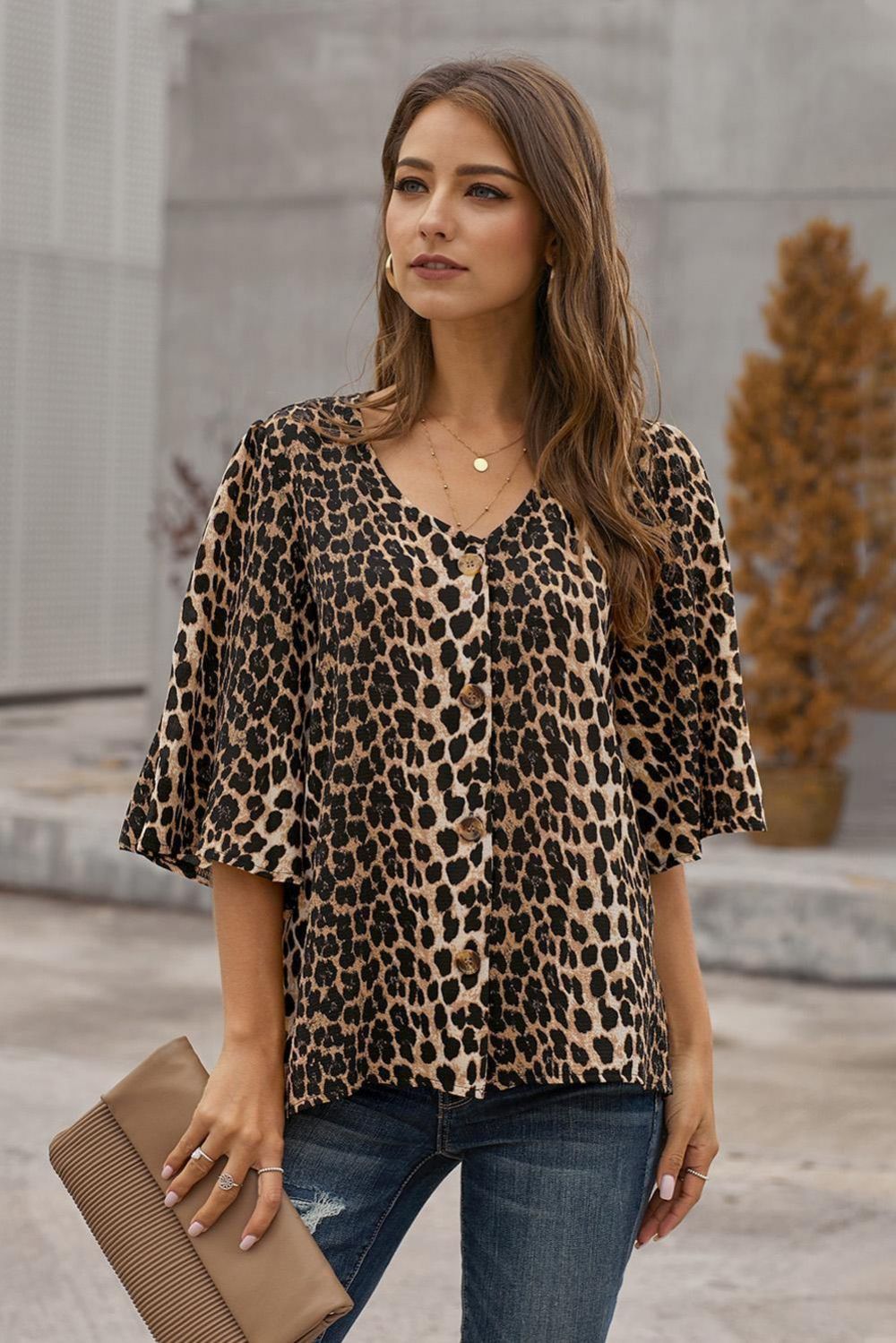 Bluse Mit Knopfleiste Und Leopardenmuster