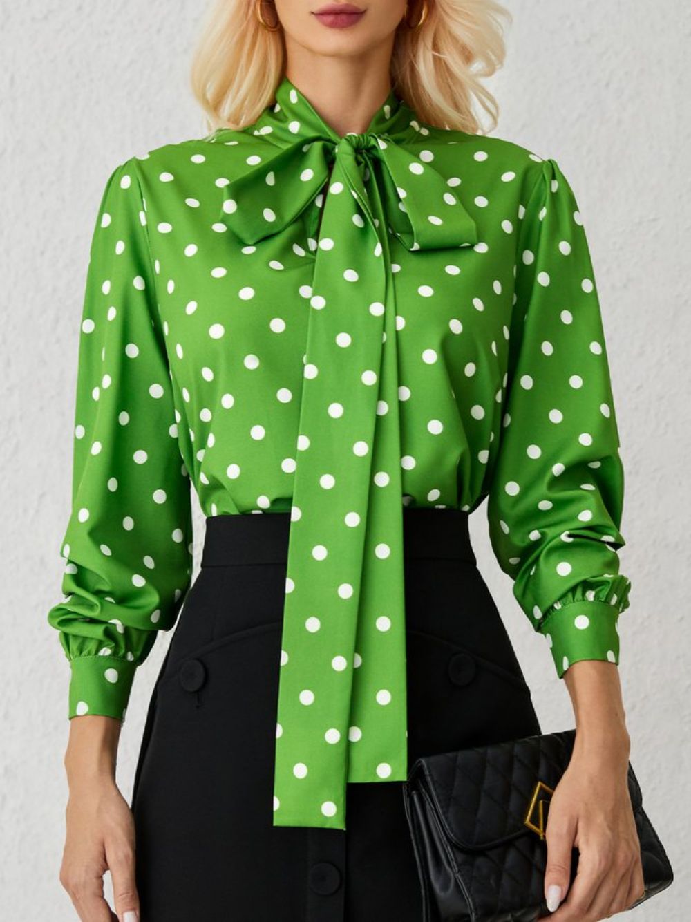 Grüne Lockere Polka Dotslangärmlige Elegante Stehkragenoberteile Mit H-Linie