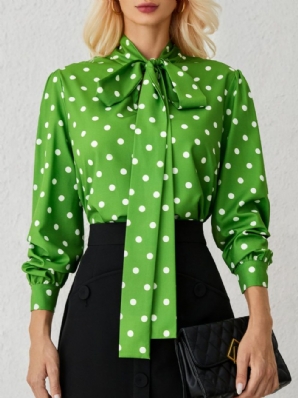 Grüne Lockere Polka Dotslangärmlige Elegante Stehkragenoberteile Mit H-Linie