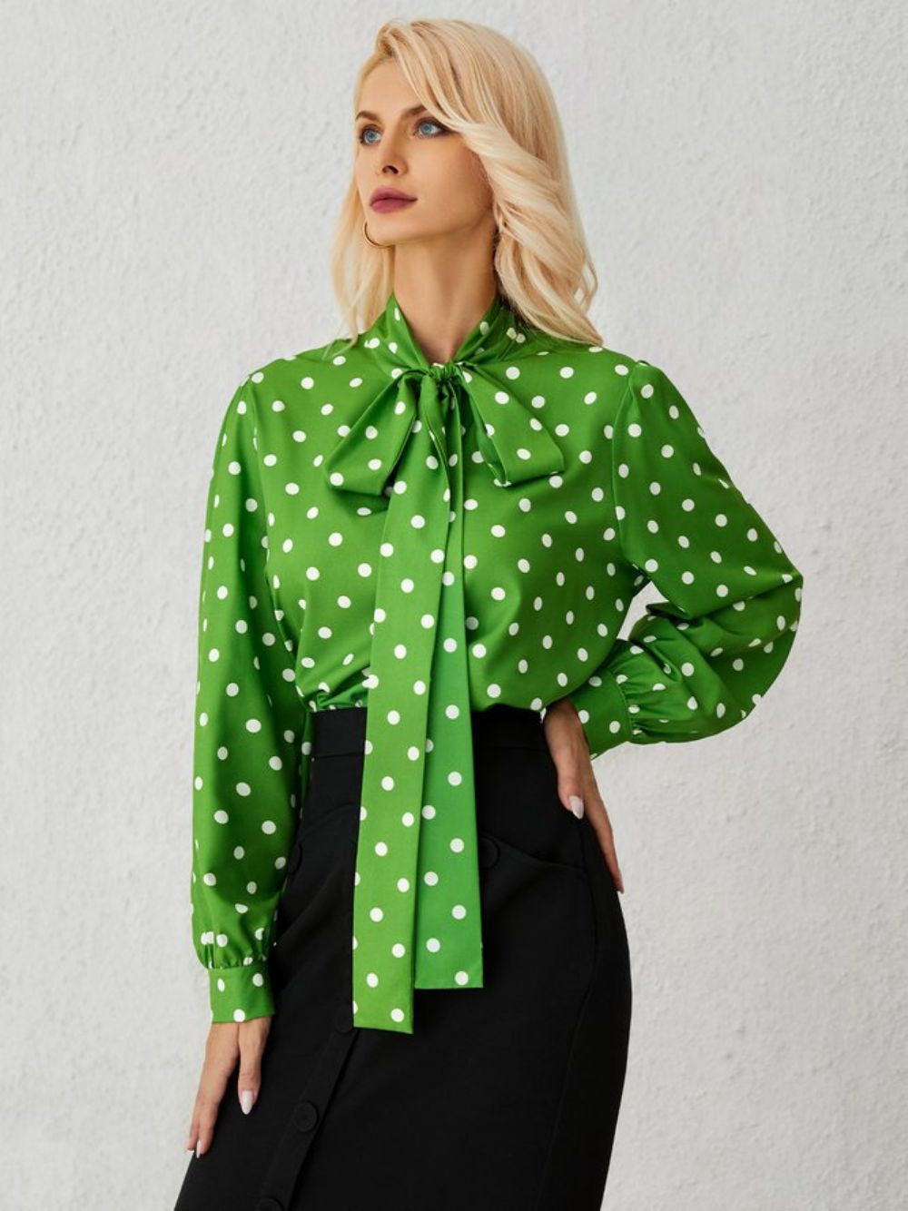 Grüne Lockere Polka Dotslangärmlige Elegante Stehkragenoberteile Mit H-Linie