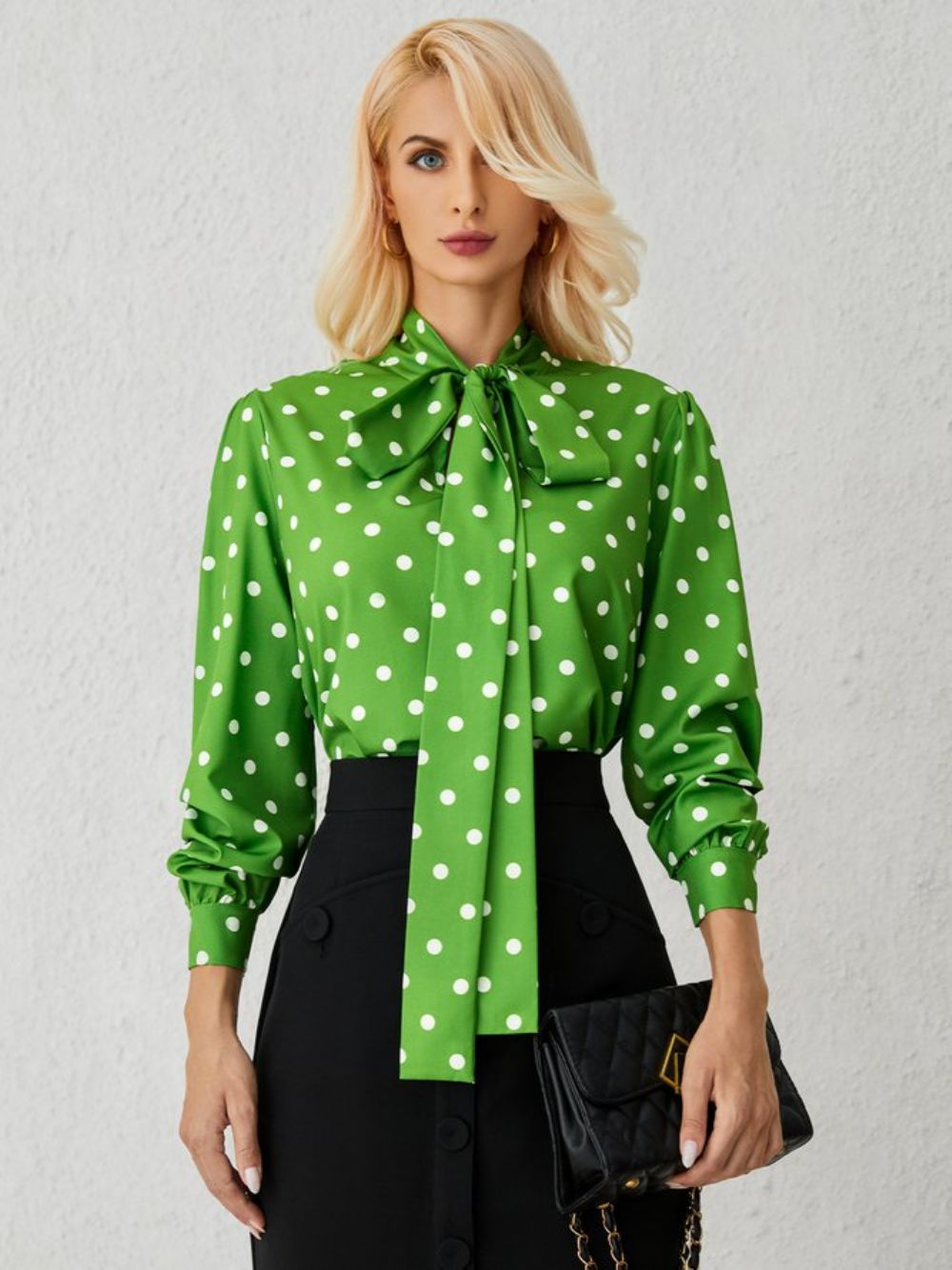 Grüne Lockere Polka Dotslangärmlige Elegante Stehkragenoberteile Mit H-Linie