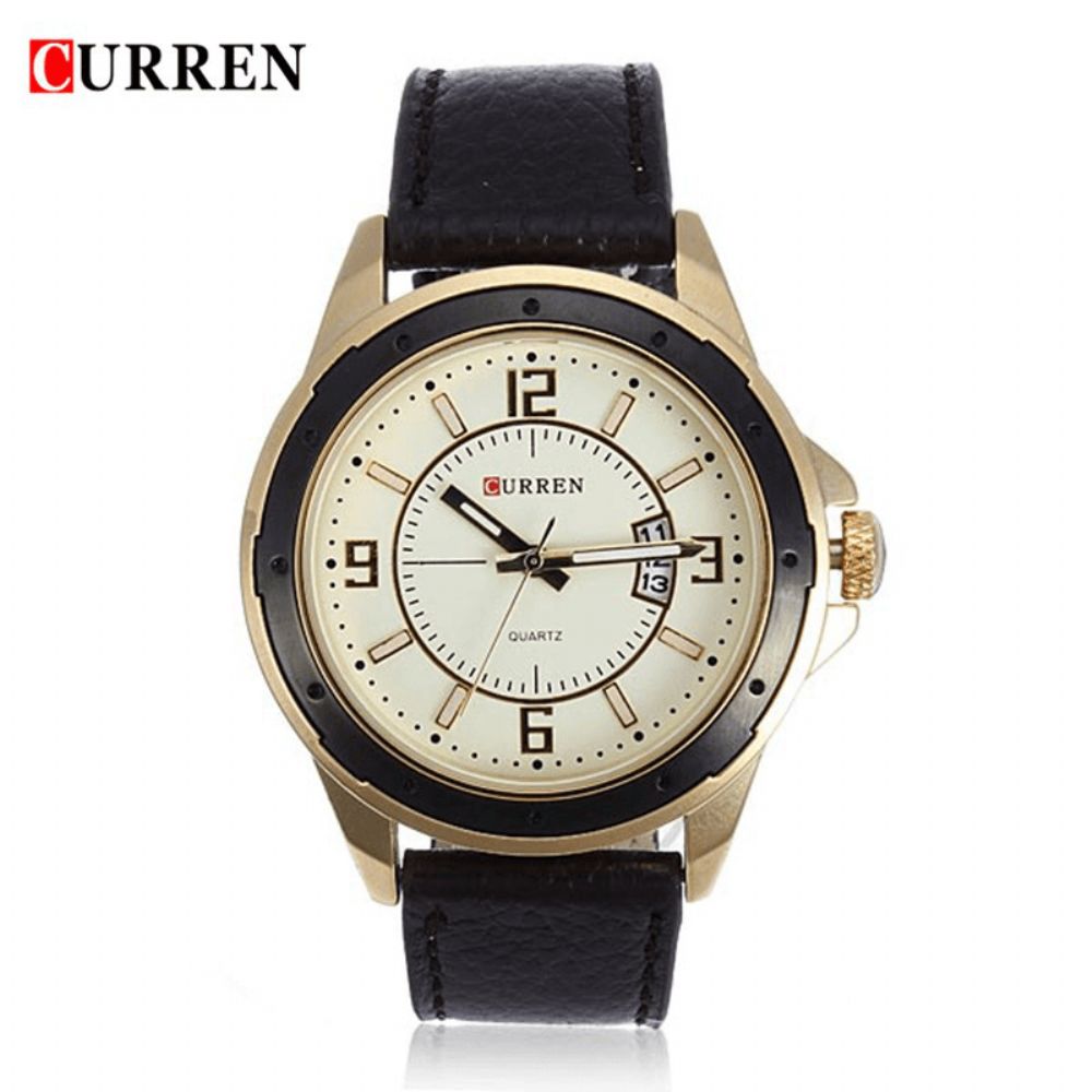 Curren 8124 Schwarzes Gold Datum Sport Leder Runde Herrenarmbanduhr