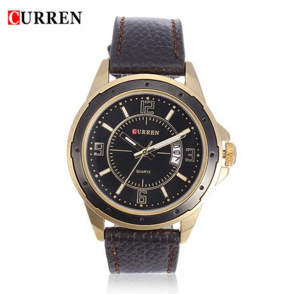 Curren 8124 Schwarzes Gold Datum Sport Leder Runde Herrenarmbanduhr