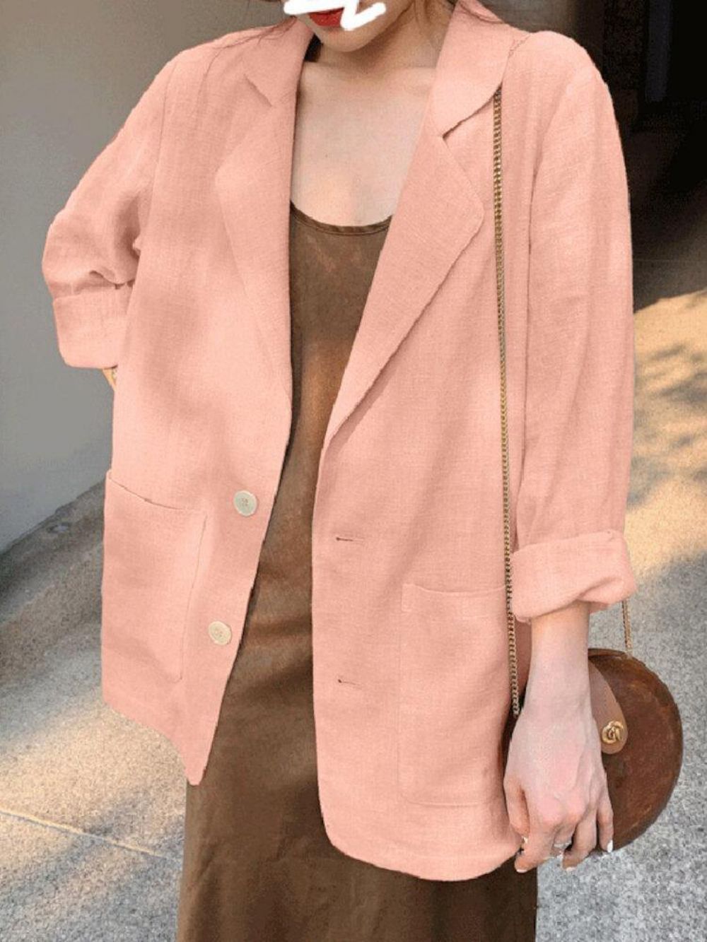 100% Baumwolle Solid Full Sleeve Revers Loose Coat Mit Seitentaschen Für Frauen