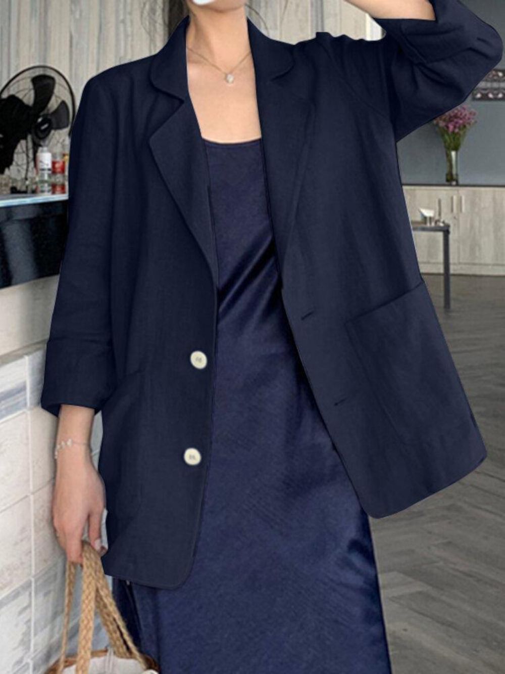 100% Baumwolle Solid Full Sleeve Revers Loose Coat Mit Seitentaschen Für Frauen