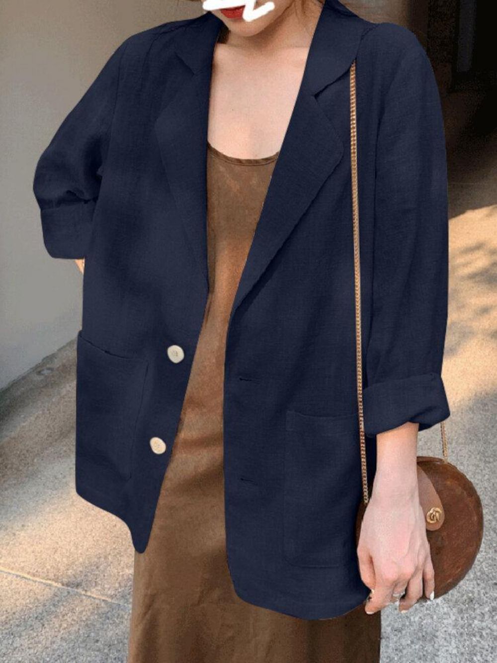 100% Baumwolle Solid Full Sleeve Revers Loose Coat Mit Seitentaschen Für Frauen