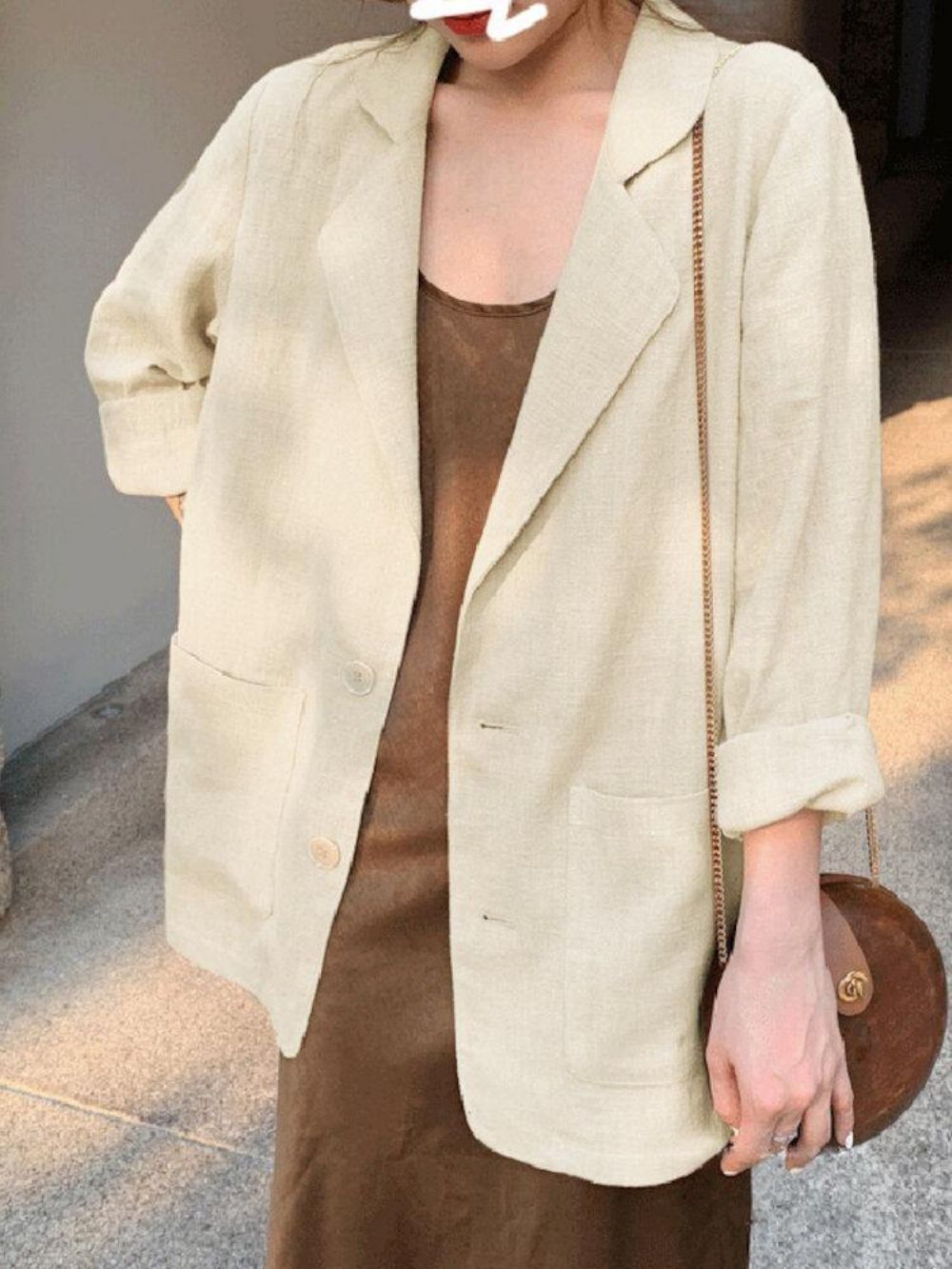 100% Baumwolle Solid Full Sleeve Revers Loose Coat Mit Seitentaschen Für Frauen