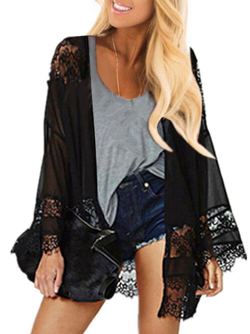 100% Polyester Fashion Lace Splice Loose Floral Cardigan Coat Für Frauen