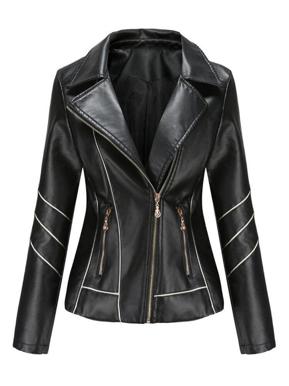 Damen Einfarbige Faux-Pu-Leder-Motorradjacke Mit Tasche