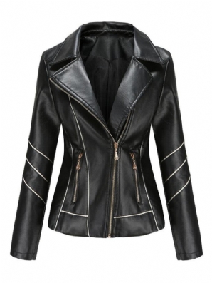 Damen Einfarbige Faux-Pu-Leder-Motorradjacke Mit Tasche