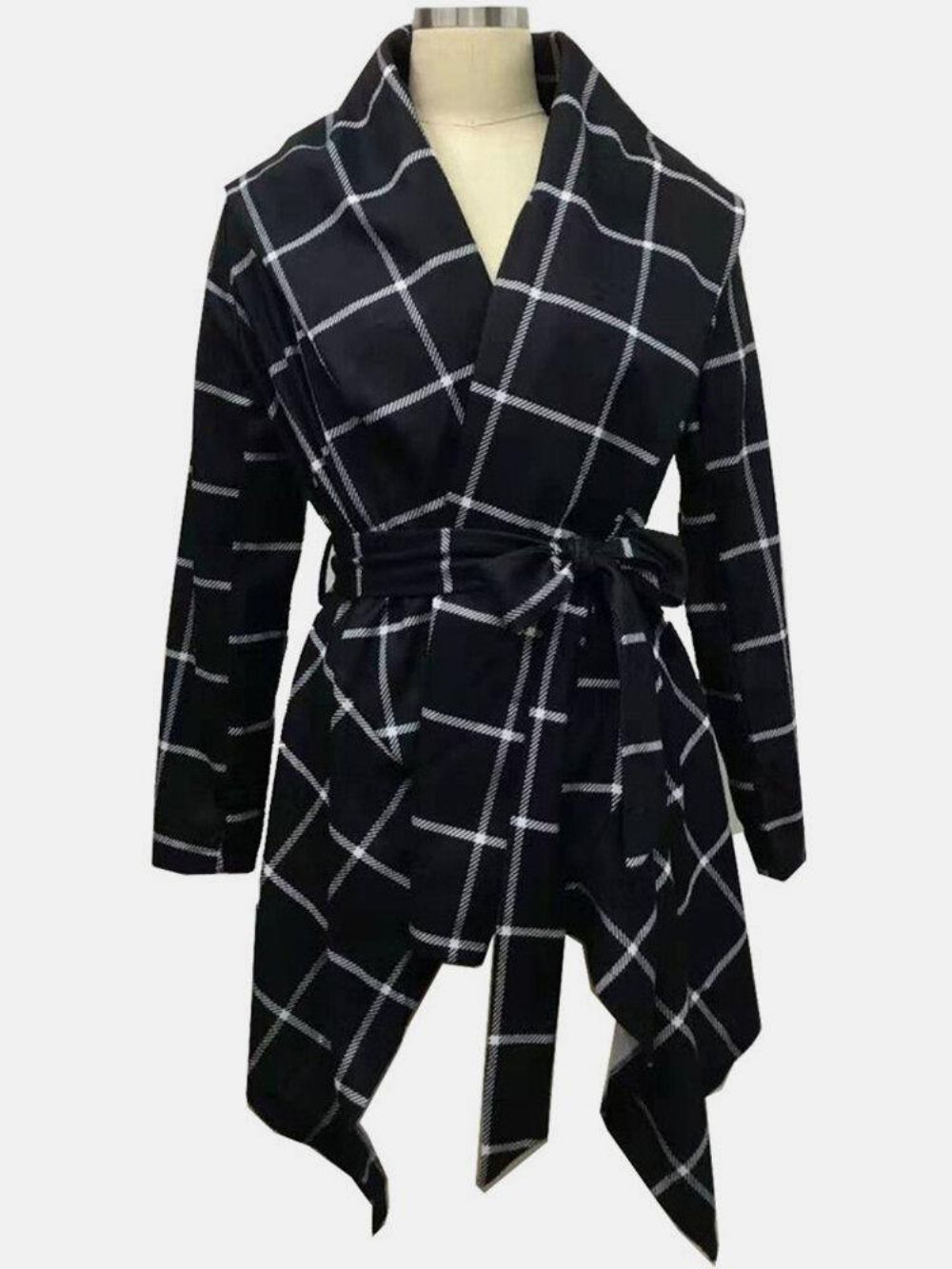 Damen Plaid Langarm Mäntel Mit Asymmetrischem Saum Und Schärpen