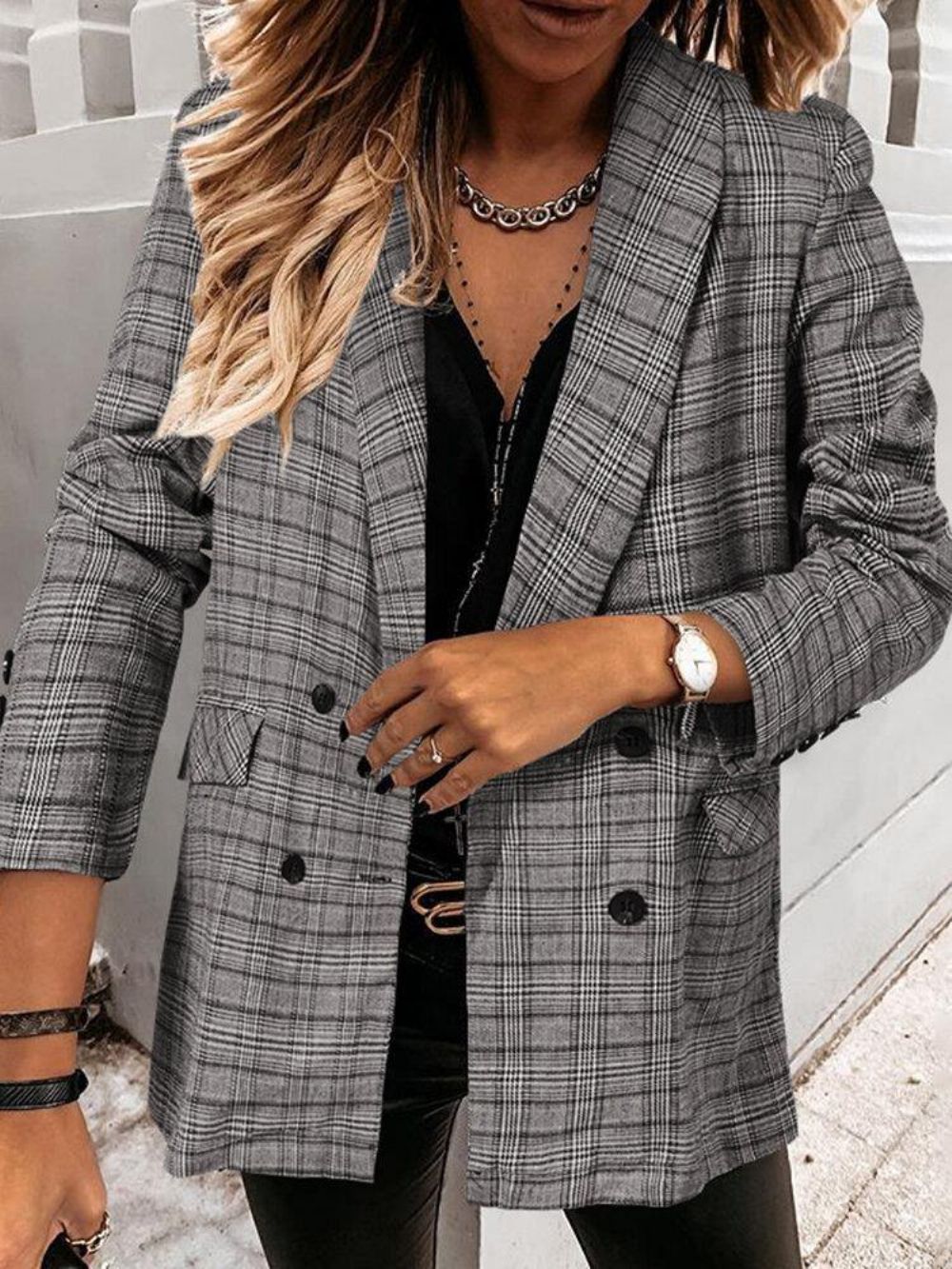 Damen Plaid Zweireiher Revers Casual Langarm Dünne Blazer