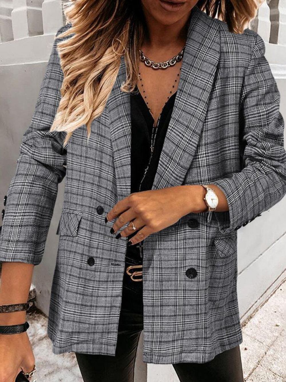 Damen Plaid Zweireiher Revers Casual Langarm Dünne Blazer