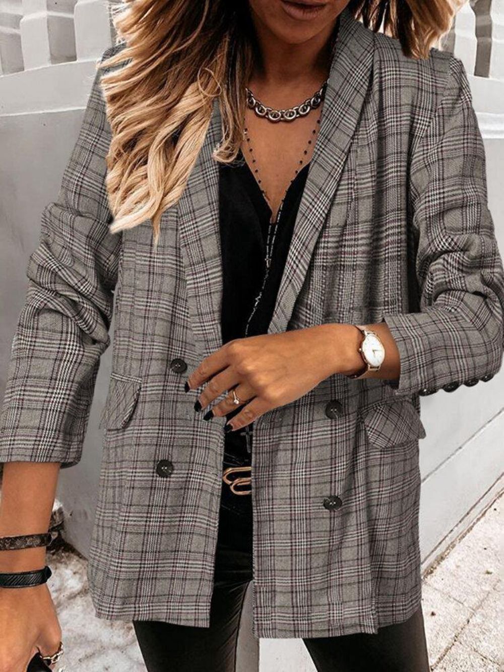 Damen Plaid Zweireiher Revers Casual Langarm Dünne Blazer