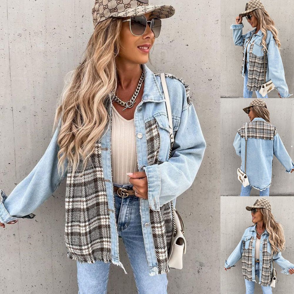 Denim Stitching Plaid Coat Loose Top Damen