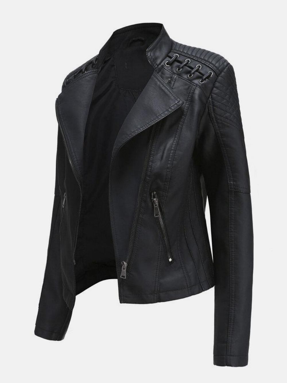 Frauen Faux Pu-Leder Einfarbige Motorradjacke