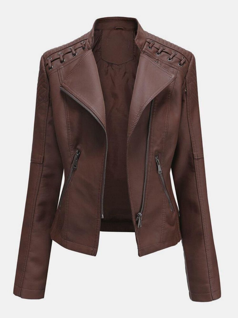 Frauen Faux Pu-Leder Einfarbige Motorradjacke