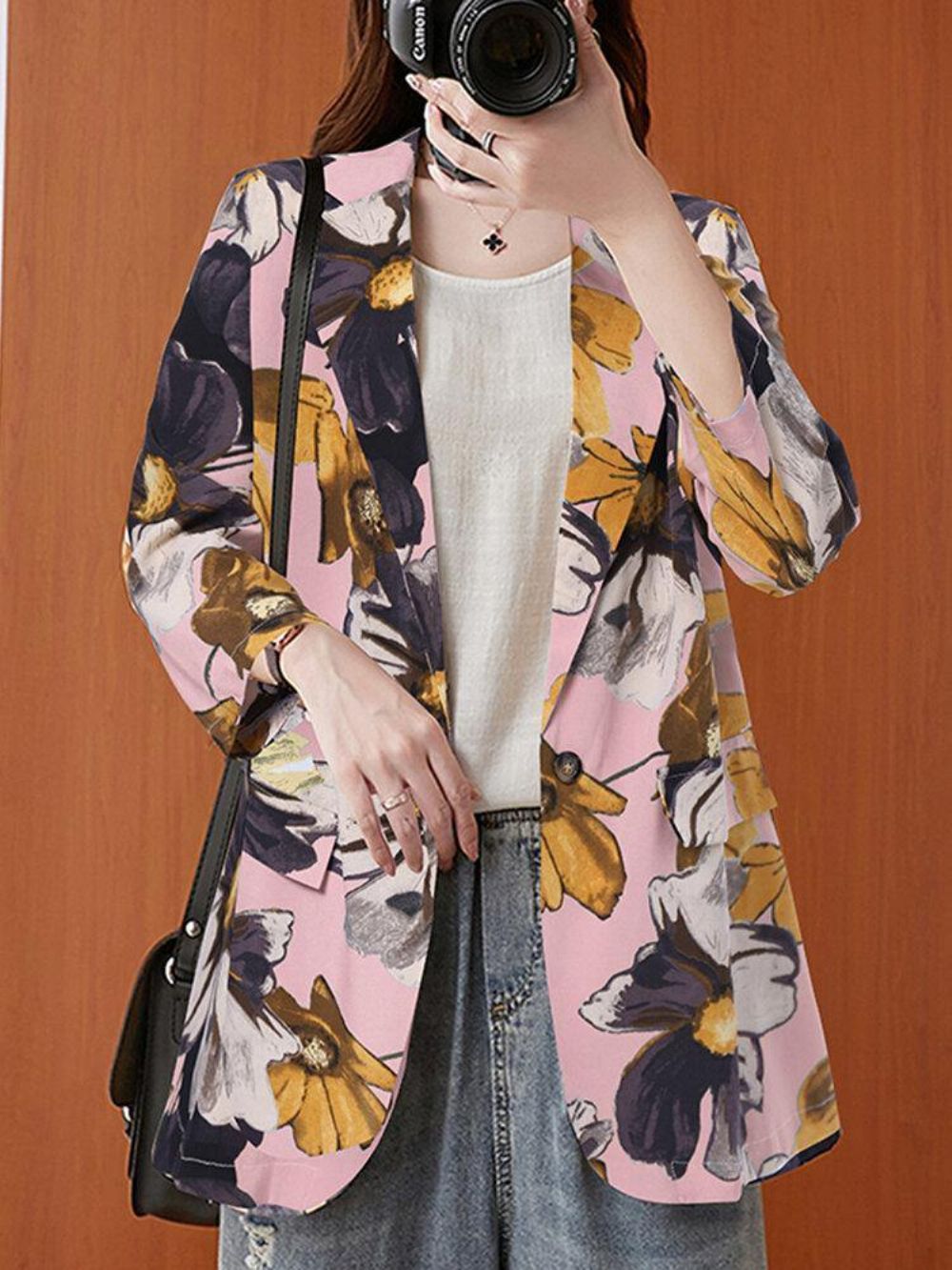 Frauen Full Sleeve Revers Floral Bohemian Freizeit Retro Dünner Anzug