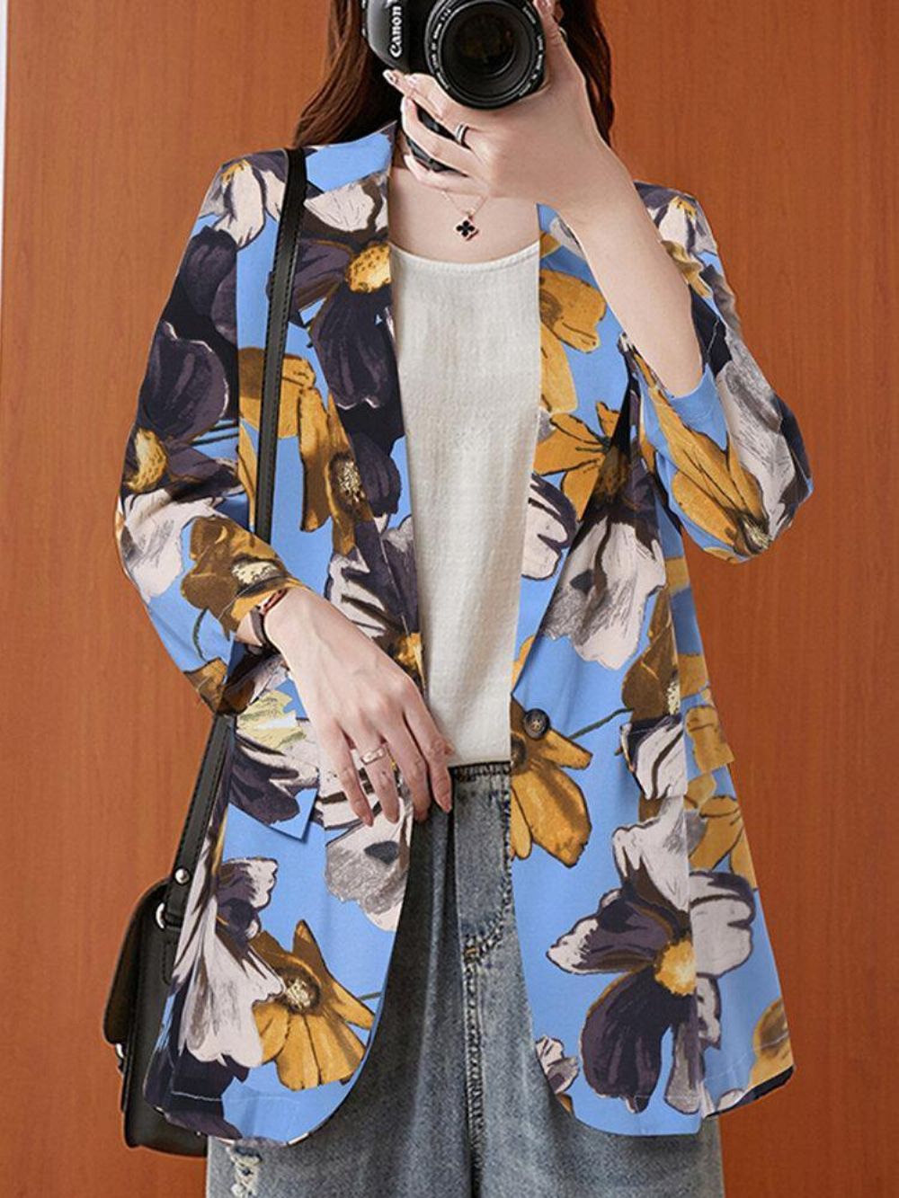 Frauen Full Sleeve Revers Floral Bohemian Freizeit Retro Dünner Anzug