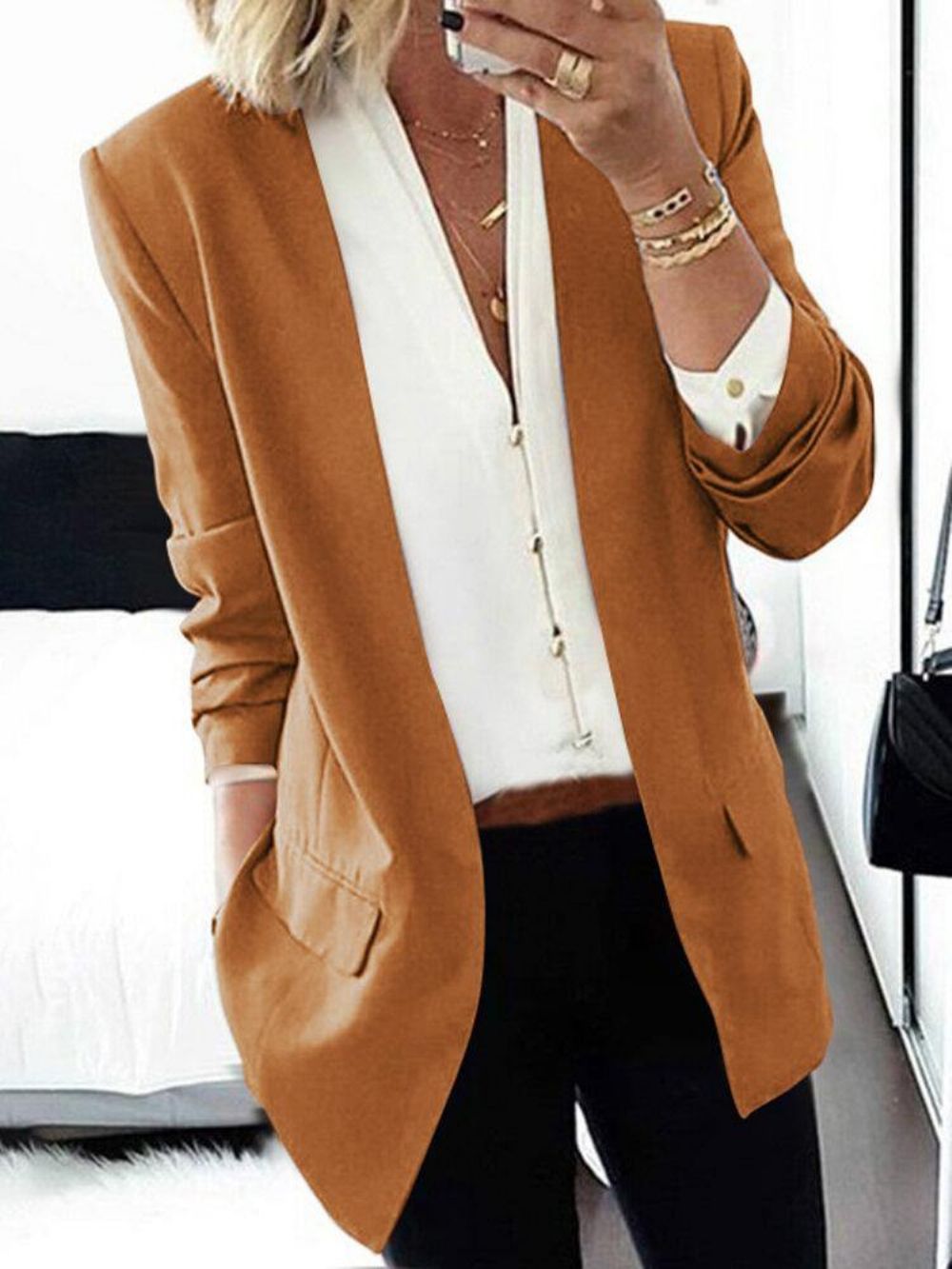 Frauen Ol Klassischer V-Ausschnitt Kurzer Stil Business-Casual-Blazer Mit Tasche