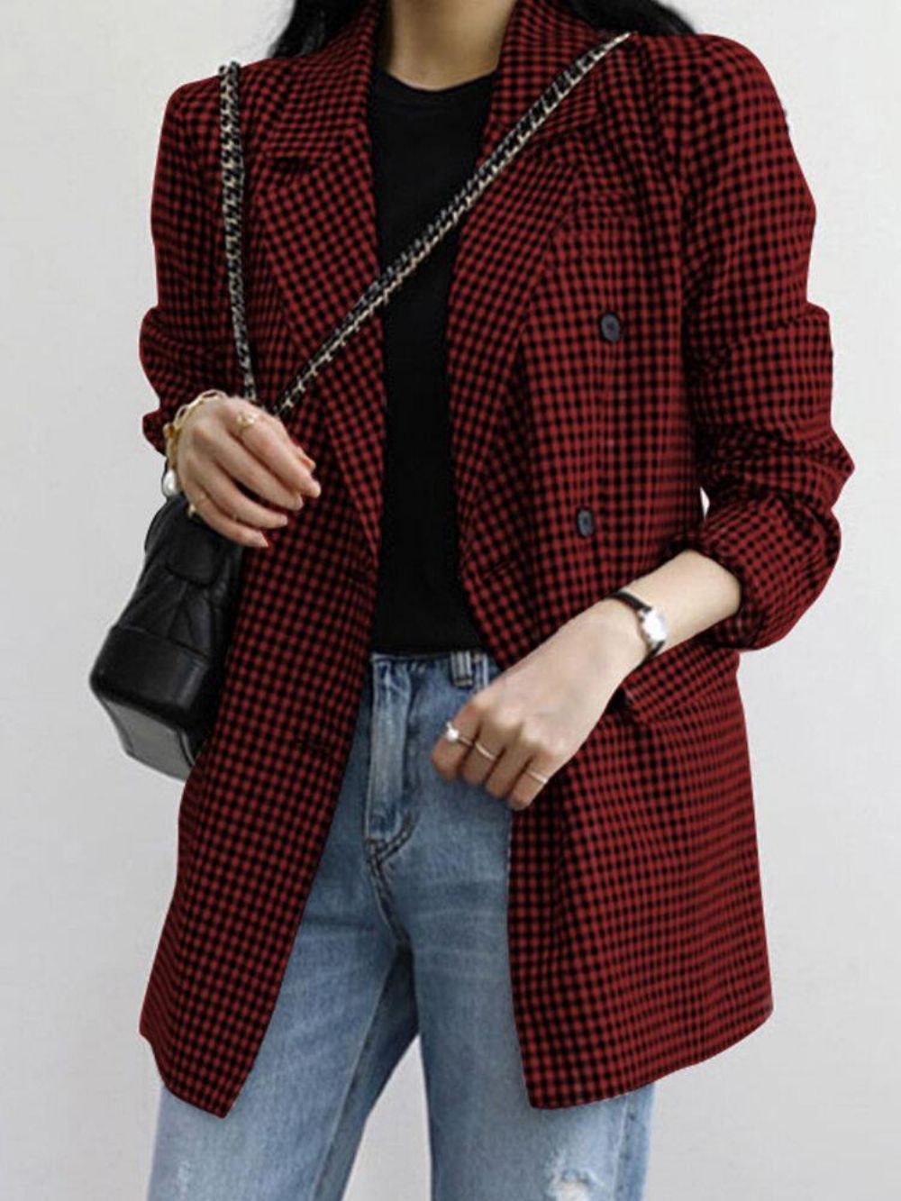 Frauen Plaid Casual Full Sleeve Knielangen Retro Business Ungefütterte Anzüge