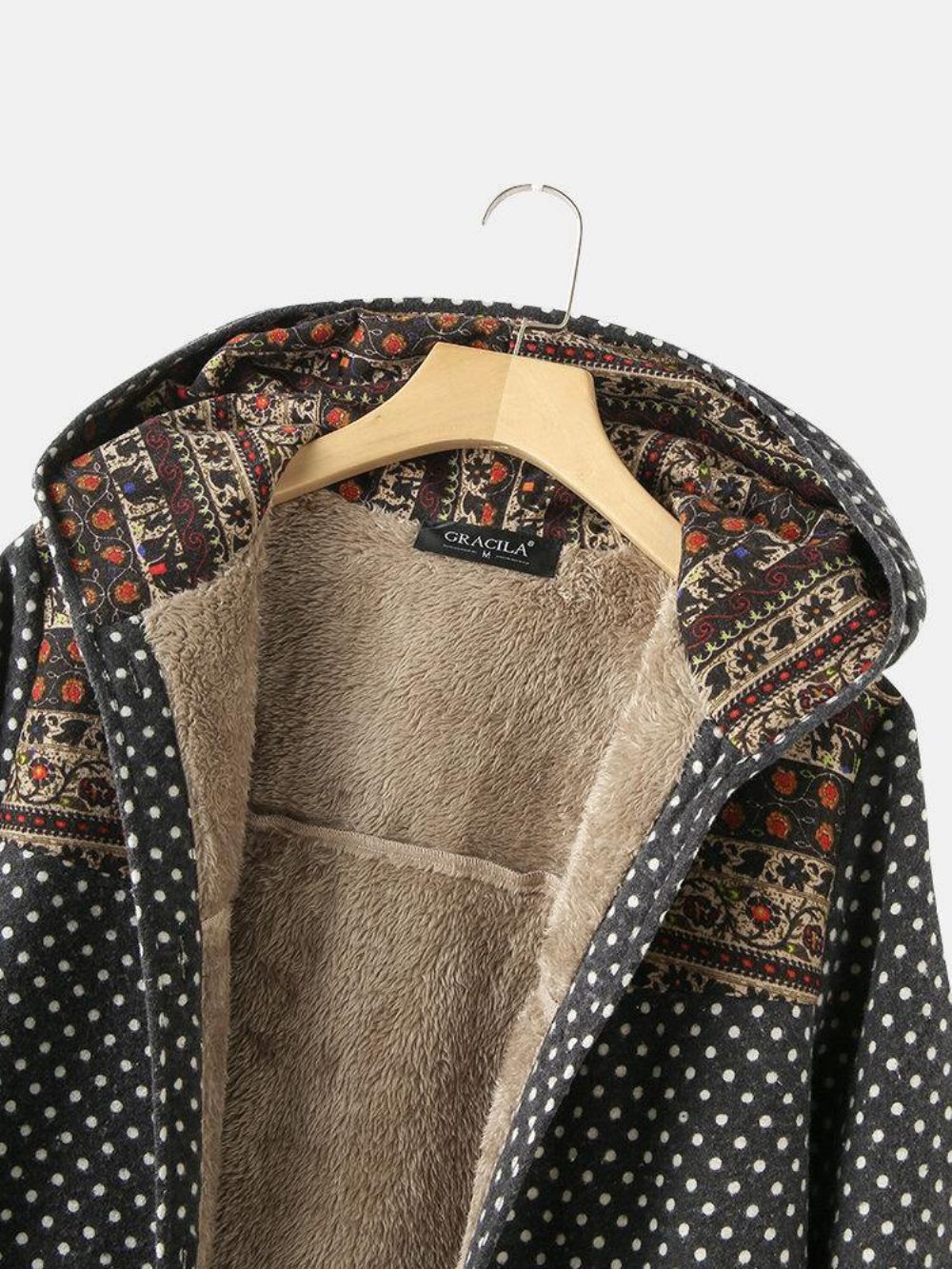 Gepunktete Langarm-Kapuzen-Patchwork-Fleece-Seitentaschen-Mäntel Für Frauen