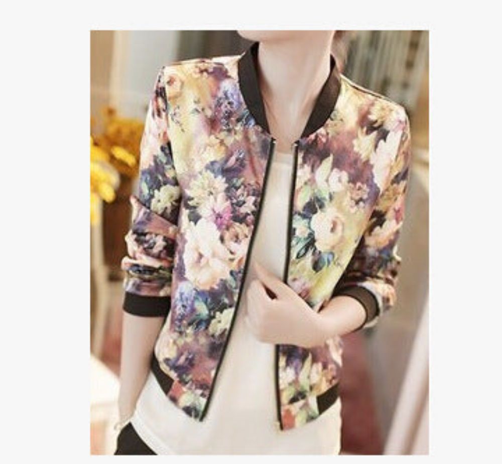 Jacke Trendy Wild Floral Reißverschluss Stehkragen Langarm Kurzjacke Damen