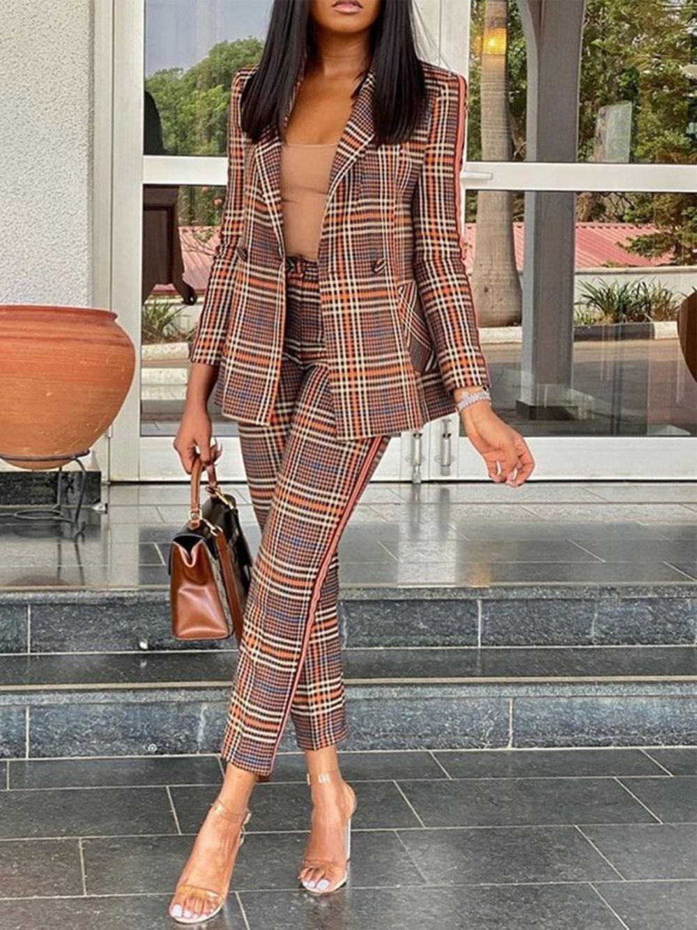 Urban Plaid Langarm-Blazer Mit Reverskragen Und Normaler Passform