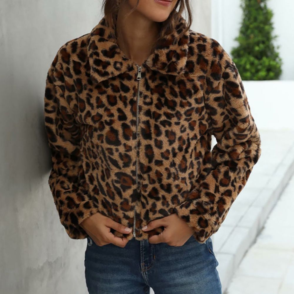 Vintage Leopard Print Revers Reißverschluss Slim Fit Kunstpelz-Baumwolljacke