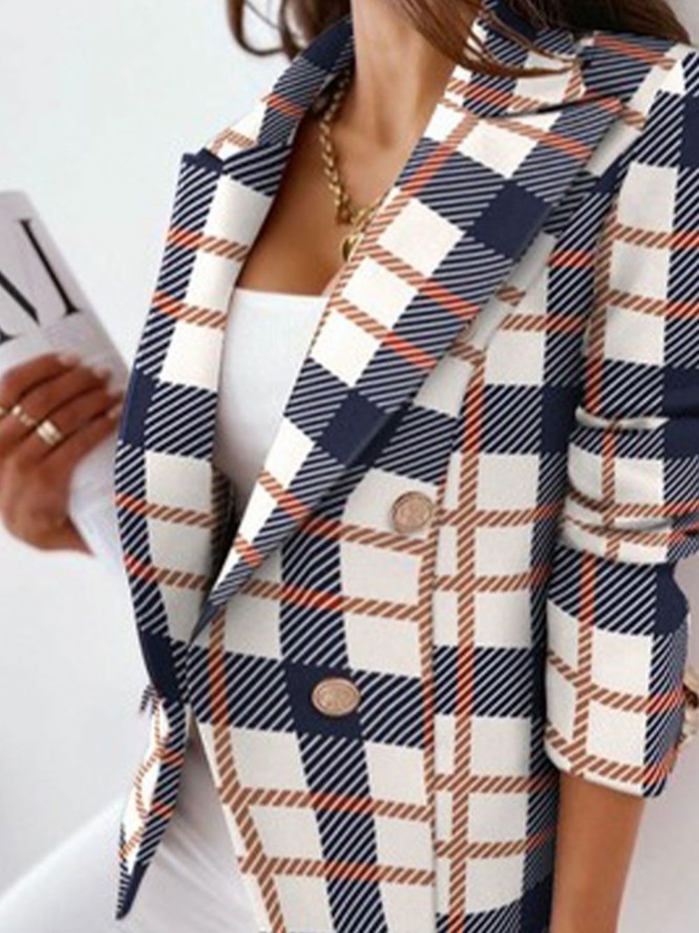 Work Plaid Reverskragen Langarm Zweireihiger Blazer