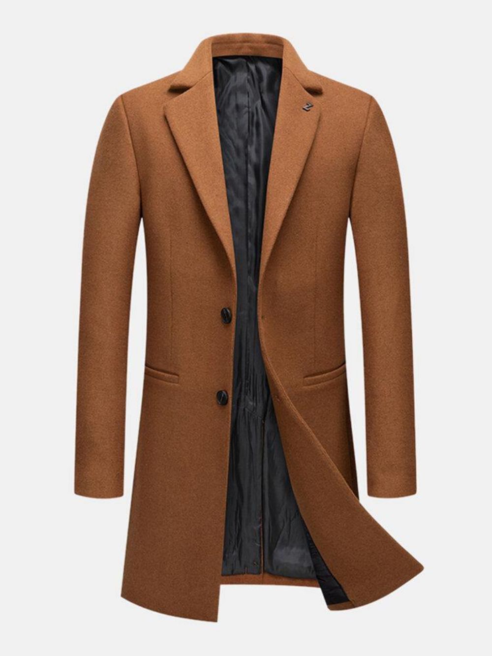 Einreihige Mittellange Business-Trenchcoats Aus Wolle Für Herren Mit Taschen