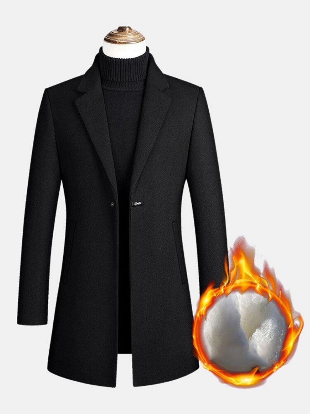 Mittellanger Warmer Dicker Langärmliger Revers-Trenchcoat Aus Wolle Für Herren