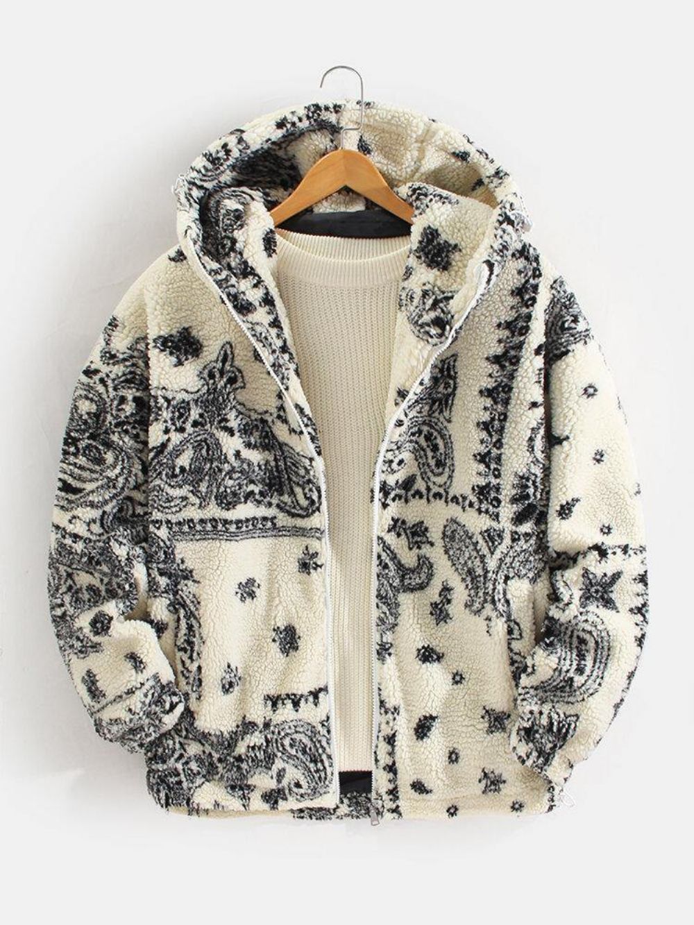 Herren-Barock-Print Warme Sherpa-Kapuzenjacke Im Ethno-Stil Mit Tasche