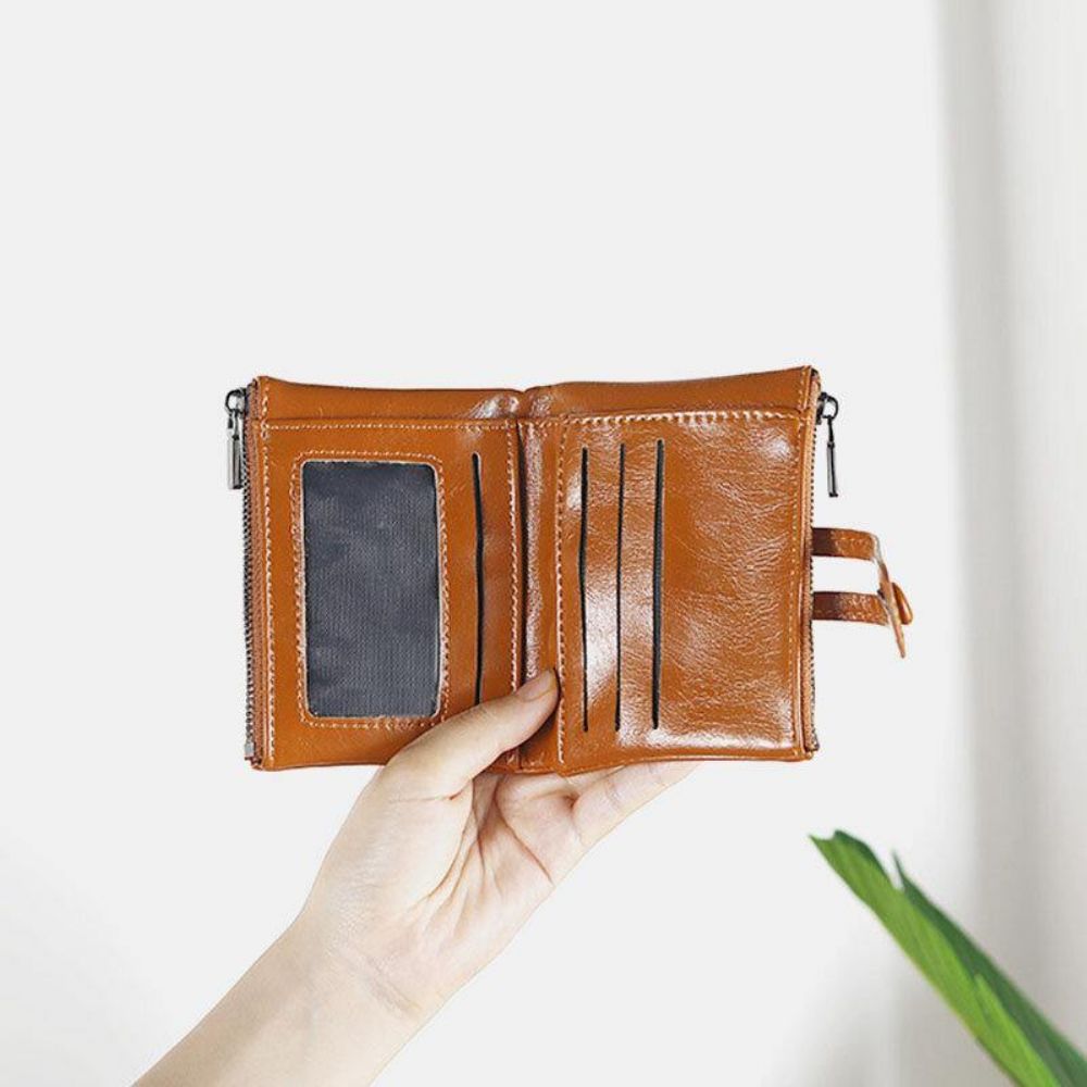 Damen Anti-Diebstahl 6 Kartenfächer Oil Wax Bifold Wallet Purse