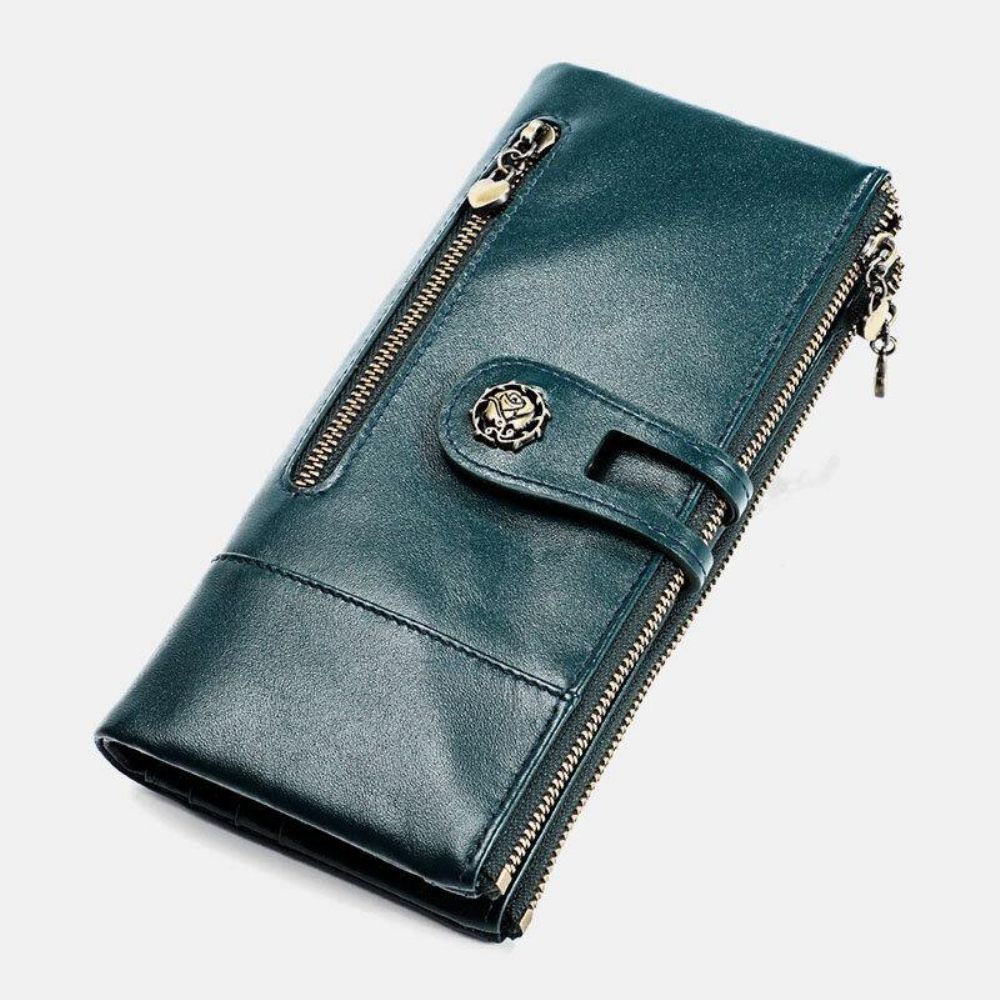 Frauen Echtes Leder Antimagnetisch Multi-Slots 14 Kartenfächer Reißverschluss Bifold Long Wallet