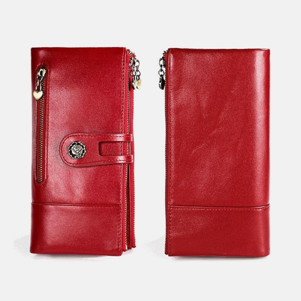 Frauen Echtes Leder Antimagnetisch Multi-Slots 14 Kartenfächer Reißverschluss Bifold Long Wallet