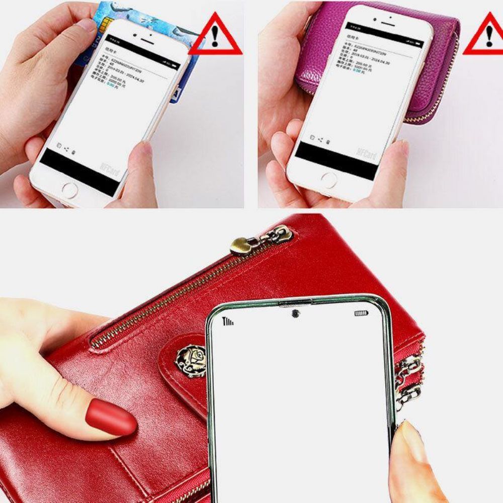 Frauen Echtes Leder Antimagnetisch Multi-Slots 14 Kartenfächer Reißverschluss Bifold Long Wallet