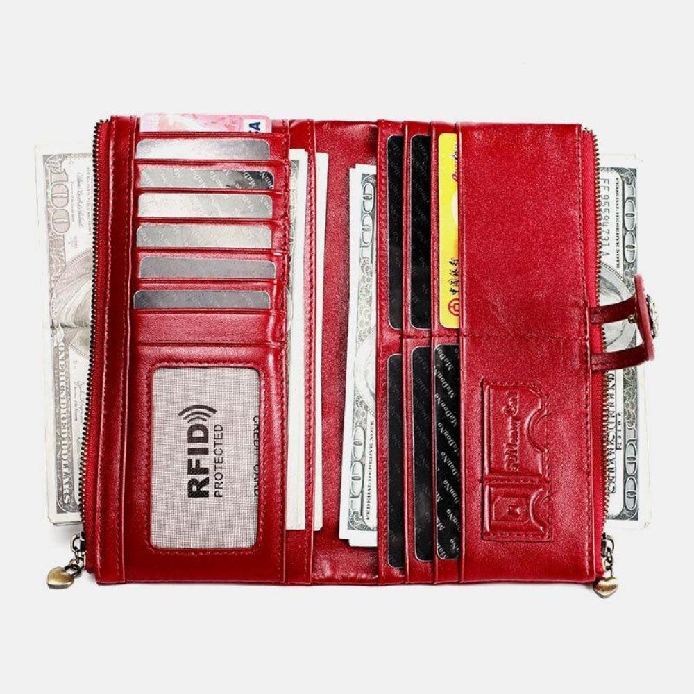 Frauen Echtes Leder Antimagnetisch Multi-Slots 14 Kartenfächer Reißverschluss Bifold Long Wallet