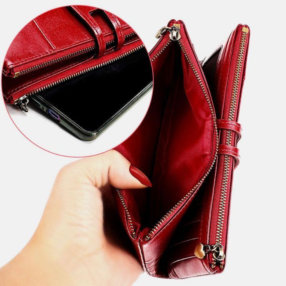 Frauen Echtes Leder Antimagnetisch Multi-Slots 14 Kartenfächer Reißverschluss Bifold Long Wallet