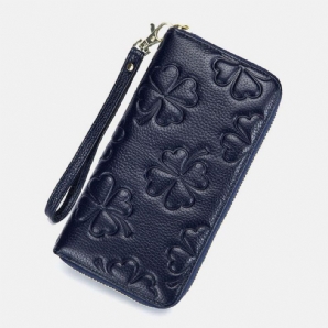 Frauen Echtes Leder Kleemuster Große Kapazität Multi Card Slot Clutch Geldbörse Kartenhalter Brieftasche