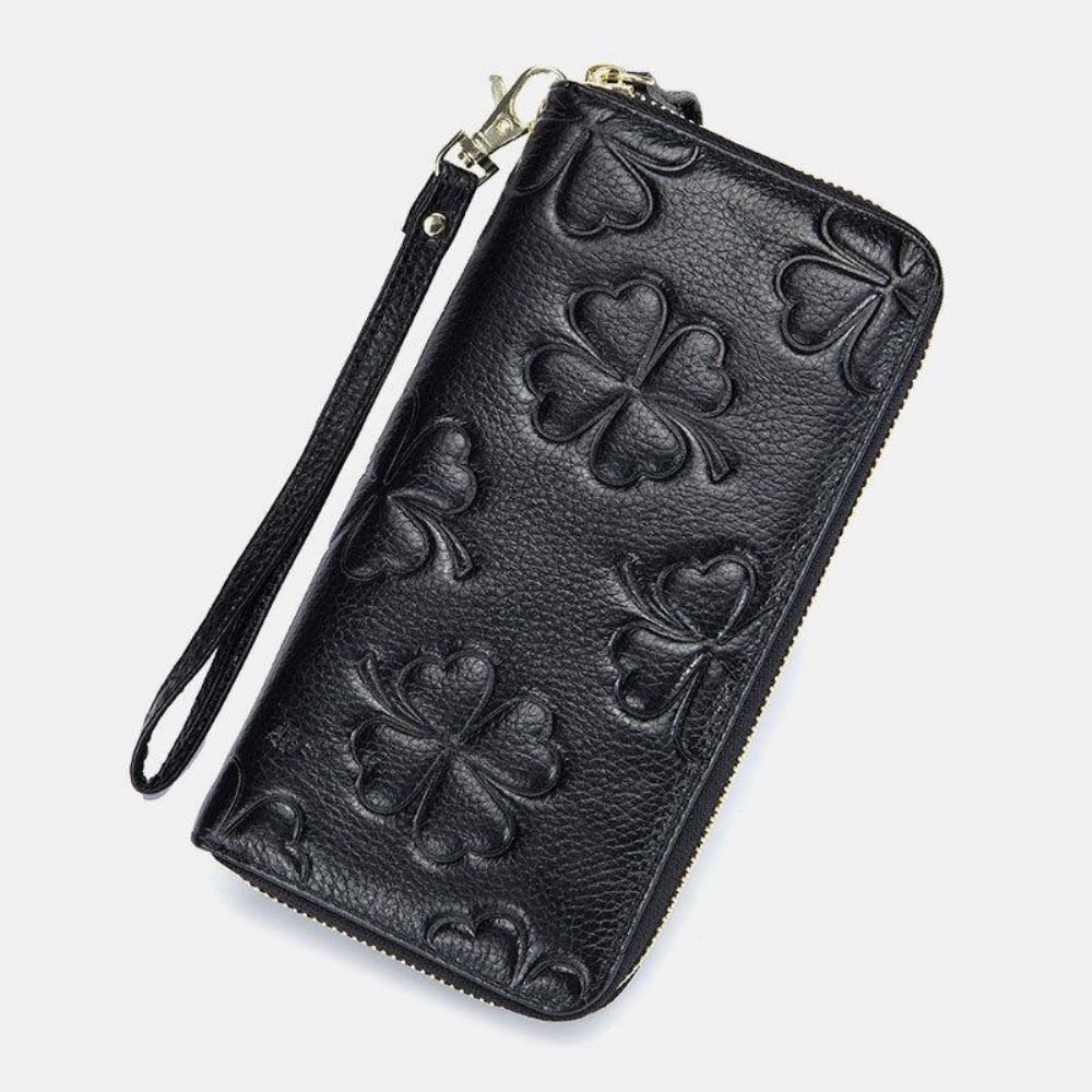 Frauen Echtes Leder Kleemuster Große Kapazität Multi Card Slot Clutch Geldbörse Kartenhalter Brieftasche