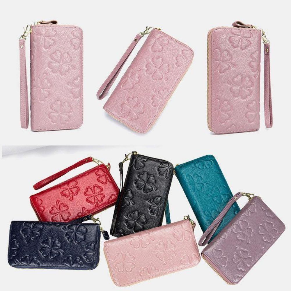 Frauen Echtes Leder Kleemuster Große Kapazität Multi Card Slot Clutch Geldbörse Kartenhalter Brieftasche