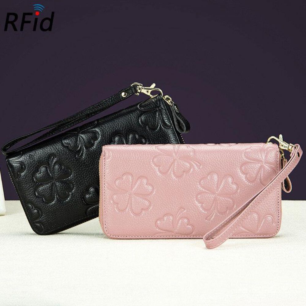 Frauen Echtes Leder Kleemuster Große Kapazität Multi Card Slot Clutch Geldbörse Kartenhalter Brieftasche