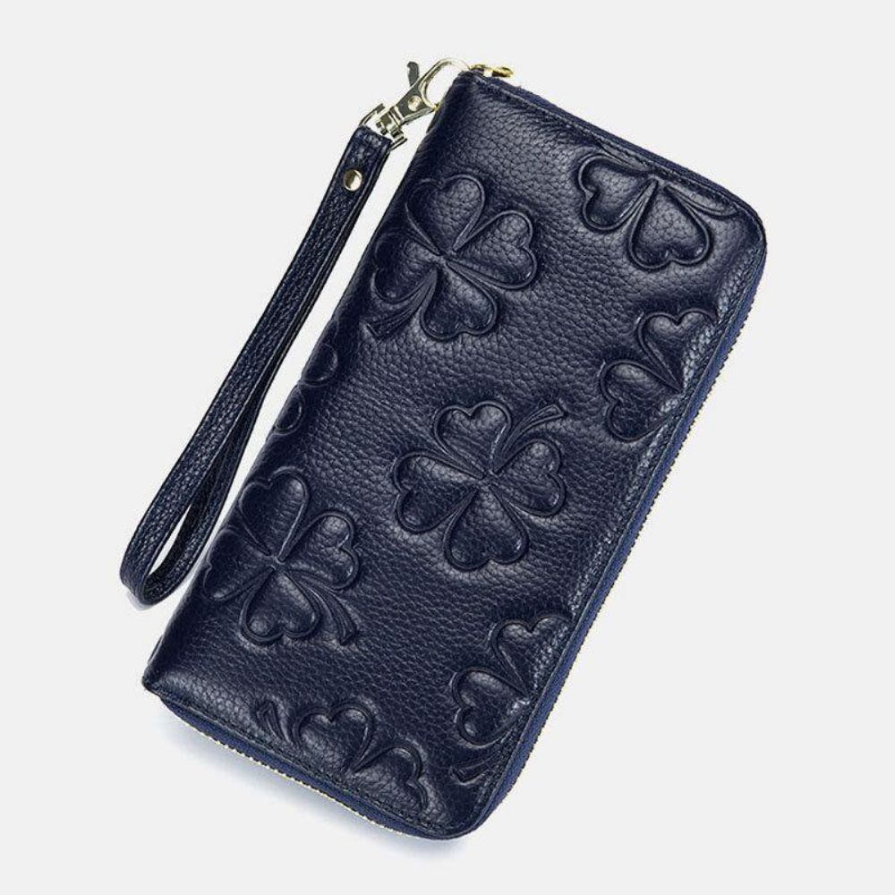 Frauen Echtes Leder Kleemuster Große Kapazität Multi Card Slot Clutch Geldbörse Kartenhalter Brieftasche