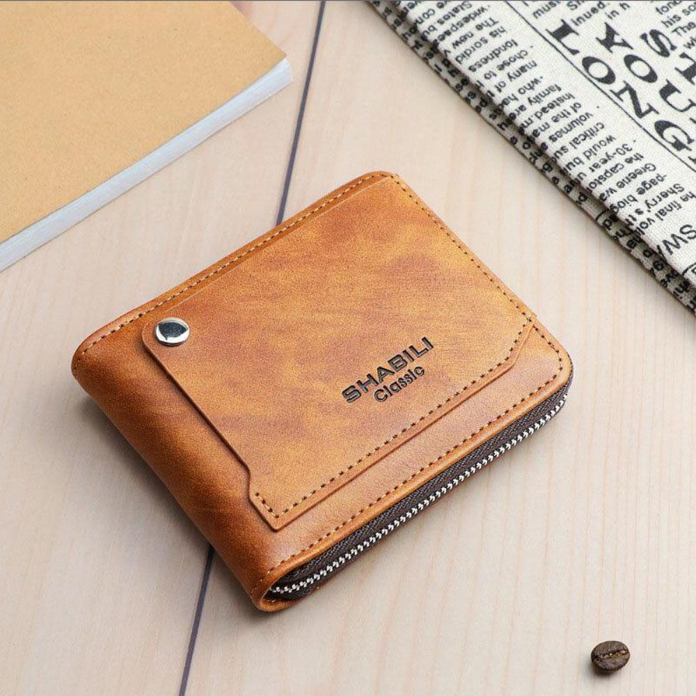 Herren Kunstleder Retro Classic Draw Card Slot Bifold Zipepr Kartenhalter Wallet