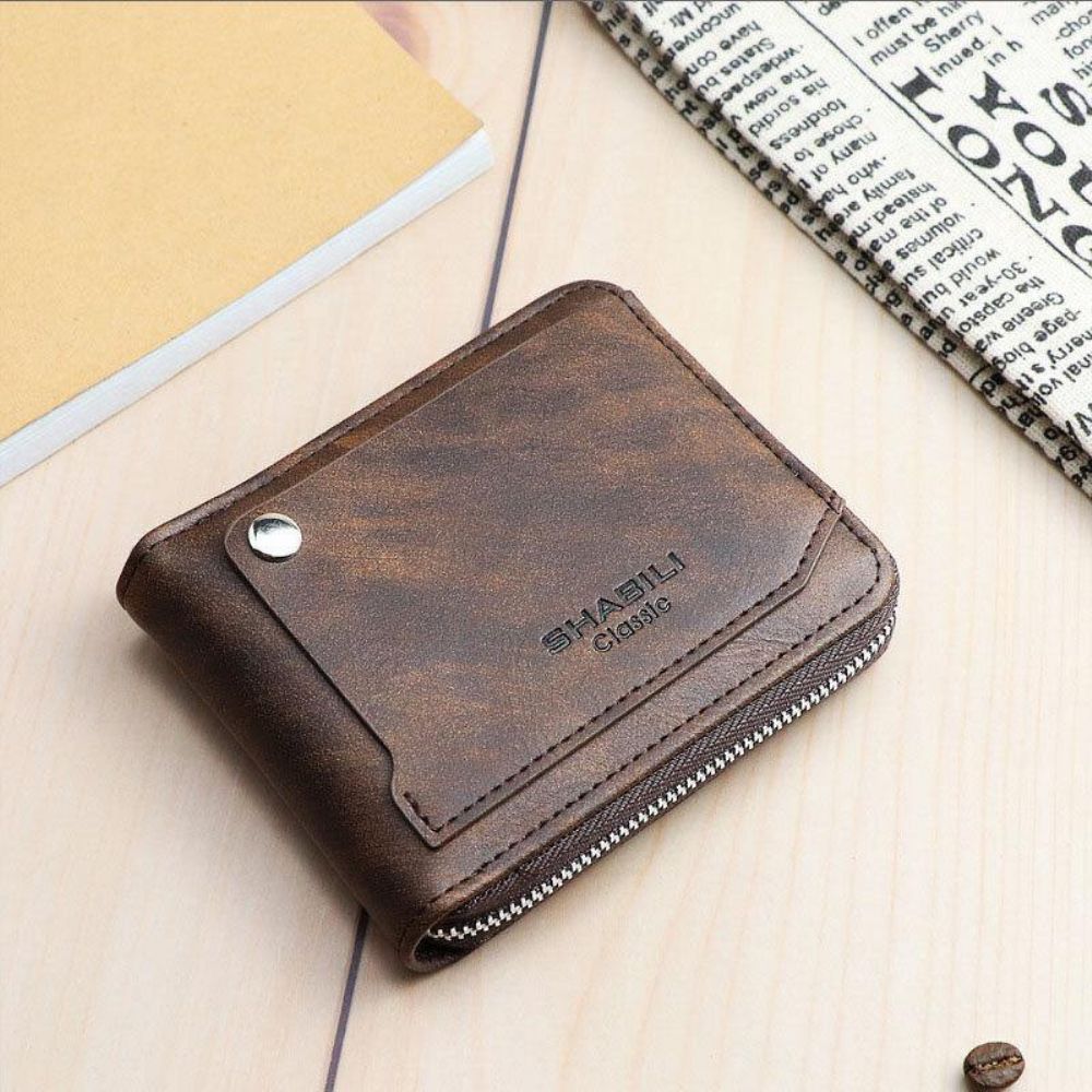 Herren Kunstleder Retro Classic Draw Card Slot Bifold Zipepr Kartenhalter Wallet