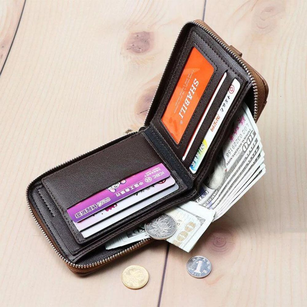 Herren Kunstleder Retro Classic Draw Card Slot Bifold Zipepr Kartenhalter Wallet