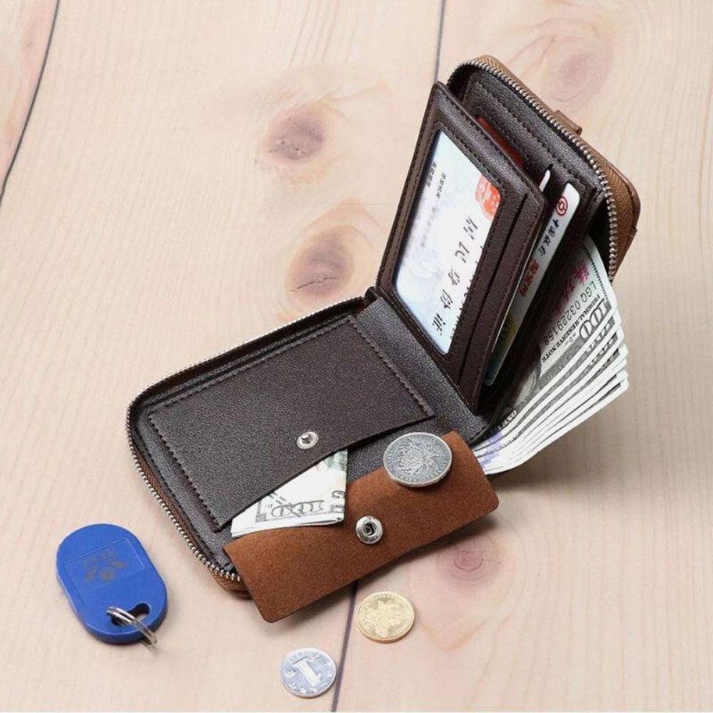 Herren Kunstleder Retro Classic Draw Card Slot Bifold Zipepr Kartenhalter Wallet