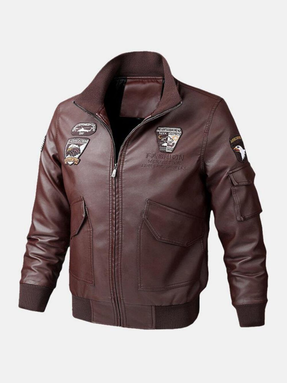 Bestickte Pu-Lederjacke Mit Stehkragen Und Mehreren Taschen Für Herren